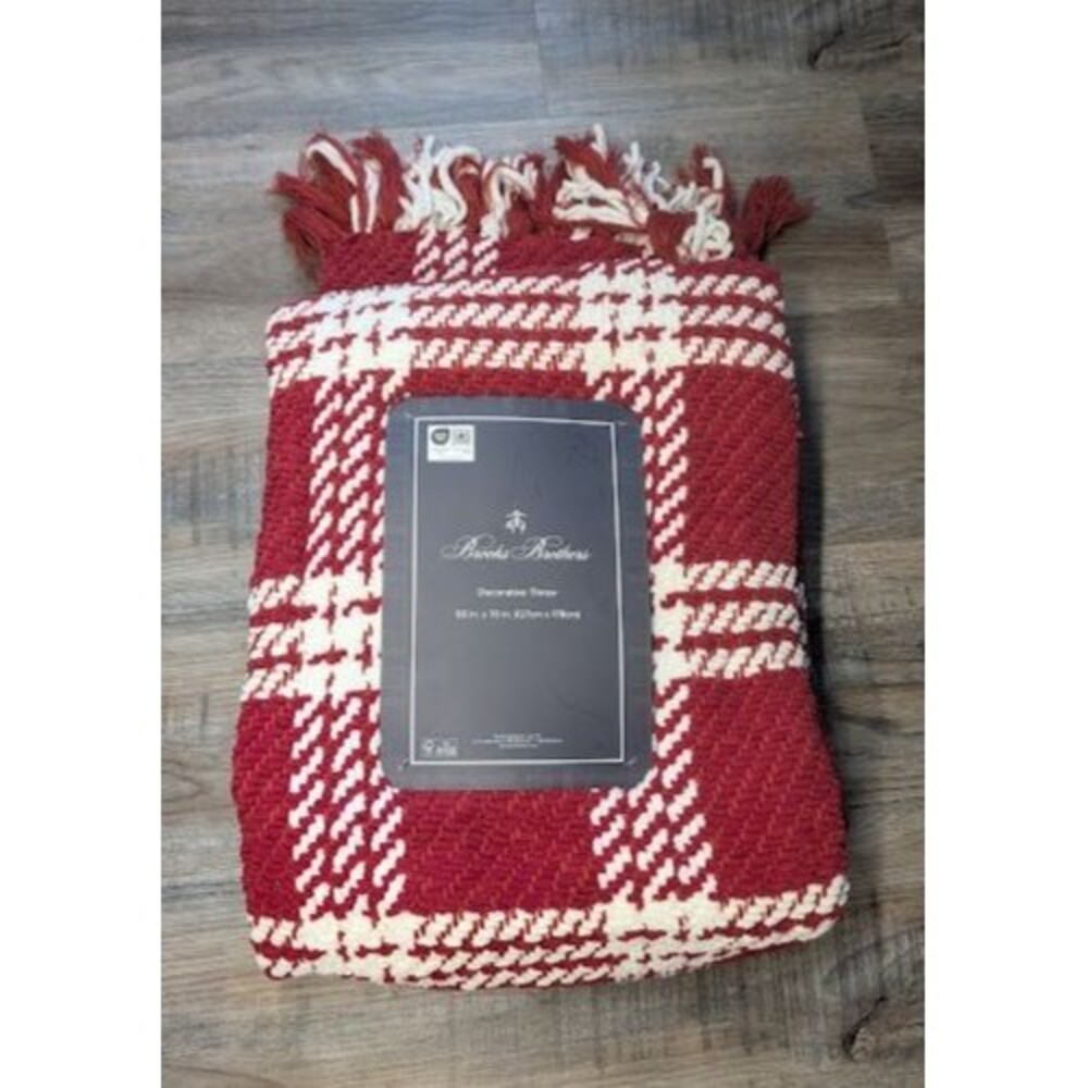 NWT Brooks Brothers Red/White Woven Fringed Throw Blanket 50" x 70"